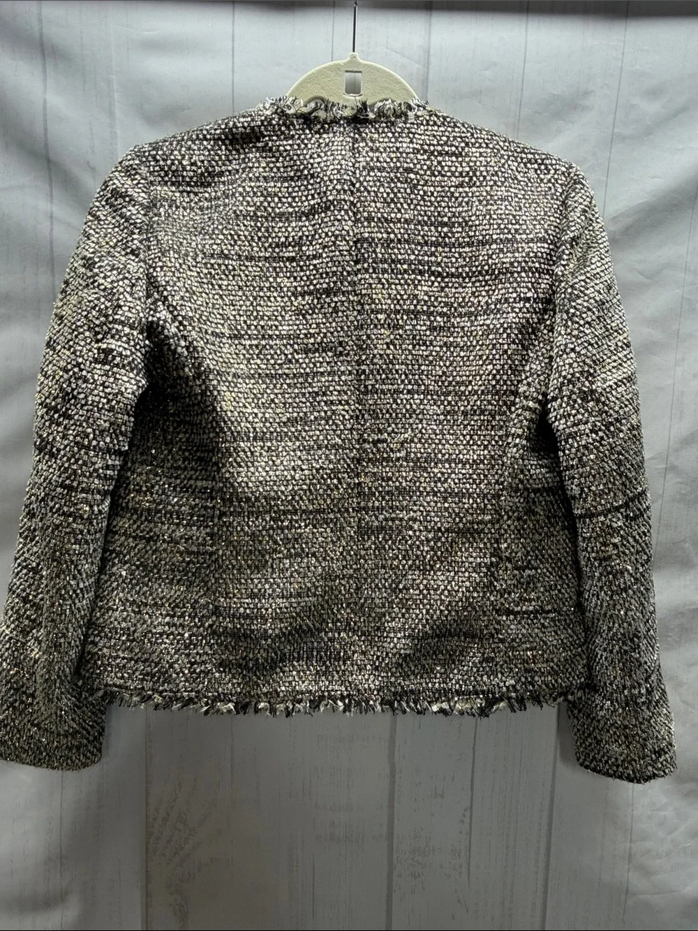 Kate Spade New York Metallic Sparkle Party Tweed Fringe Trim Open Front Jacket